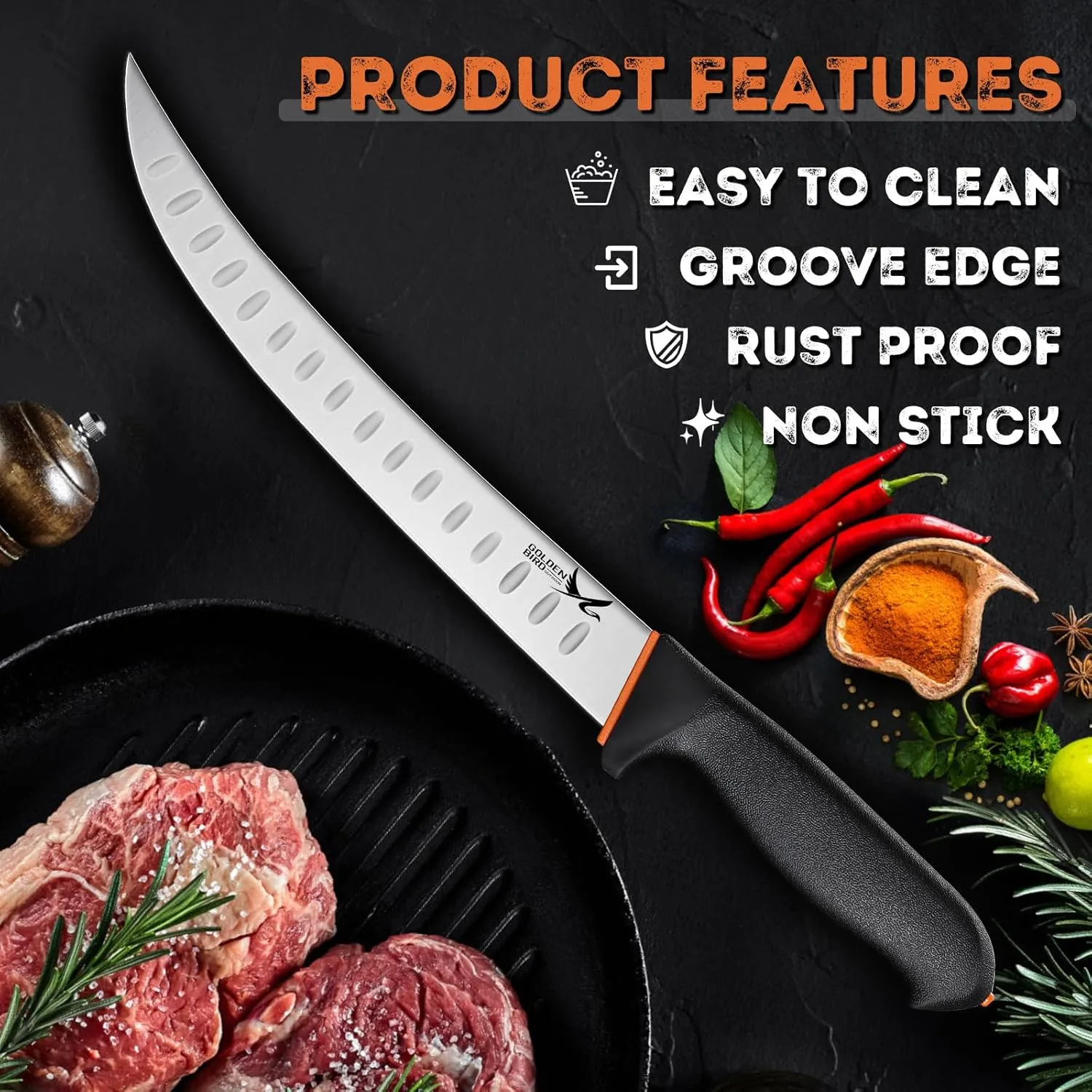 Golden Bird Professional Breaking Knife - 10 Inch Multifunction Butcher Breaking Knife for Meat Cutting, Stainless Steel Cimeter, Razor Sharp Scimitar Knives, Granton Edge Carving Knives