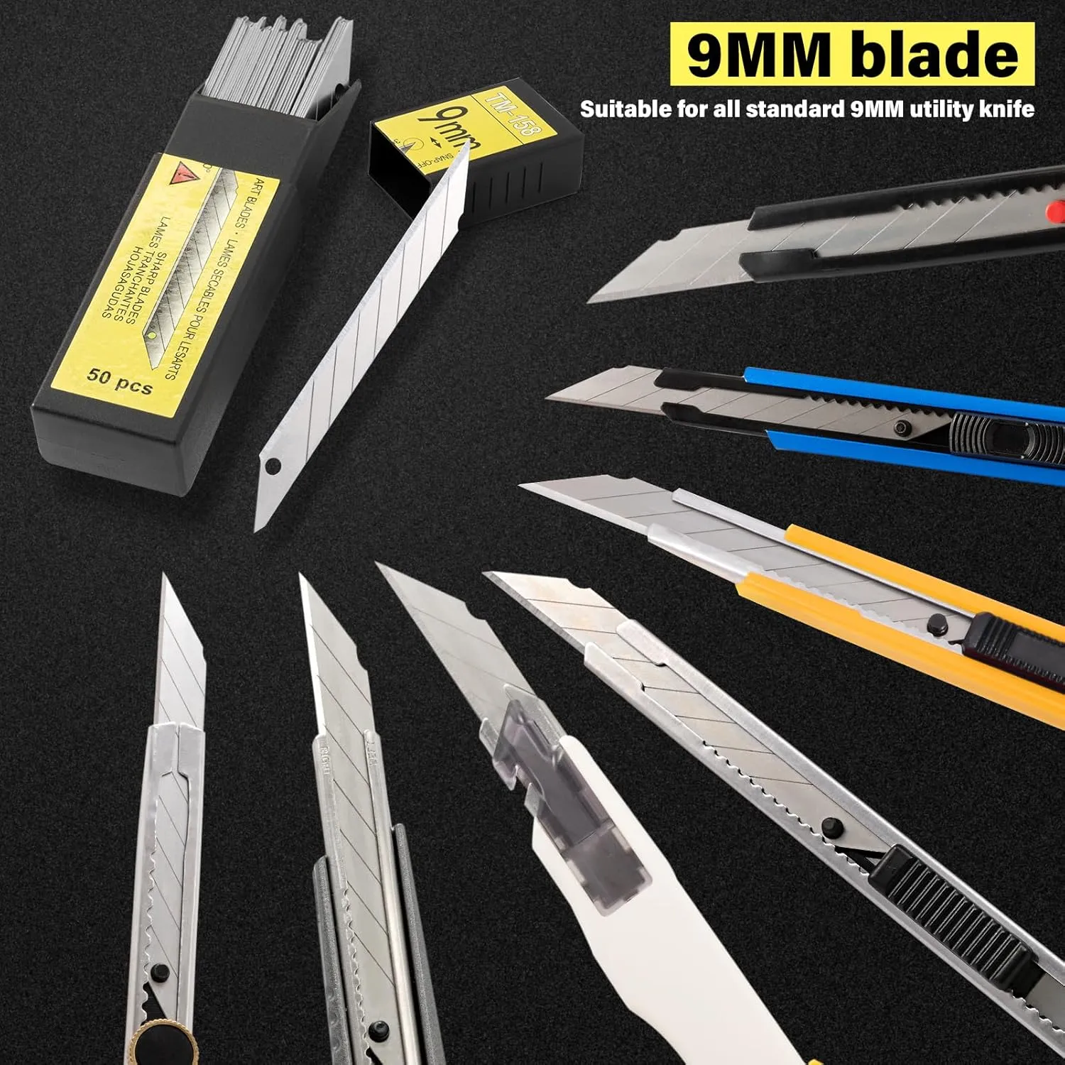Gomake 100pcs Knife Replacement Blades, 30 Degree Carbon Steel 9mm Snap Off Blades for Retractable Cutting Knives, Hobby, Craft Knife, Box Cutter