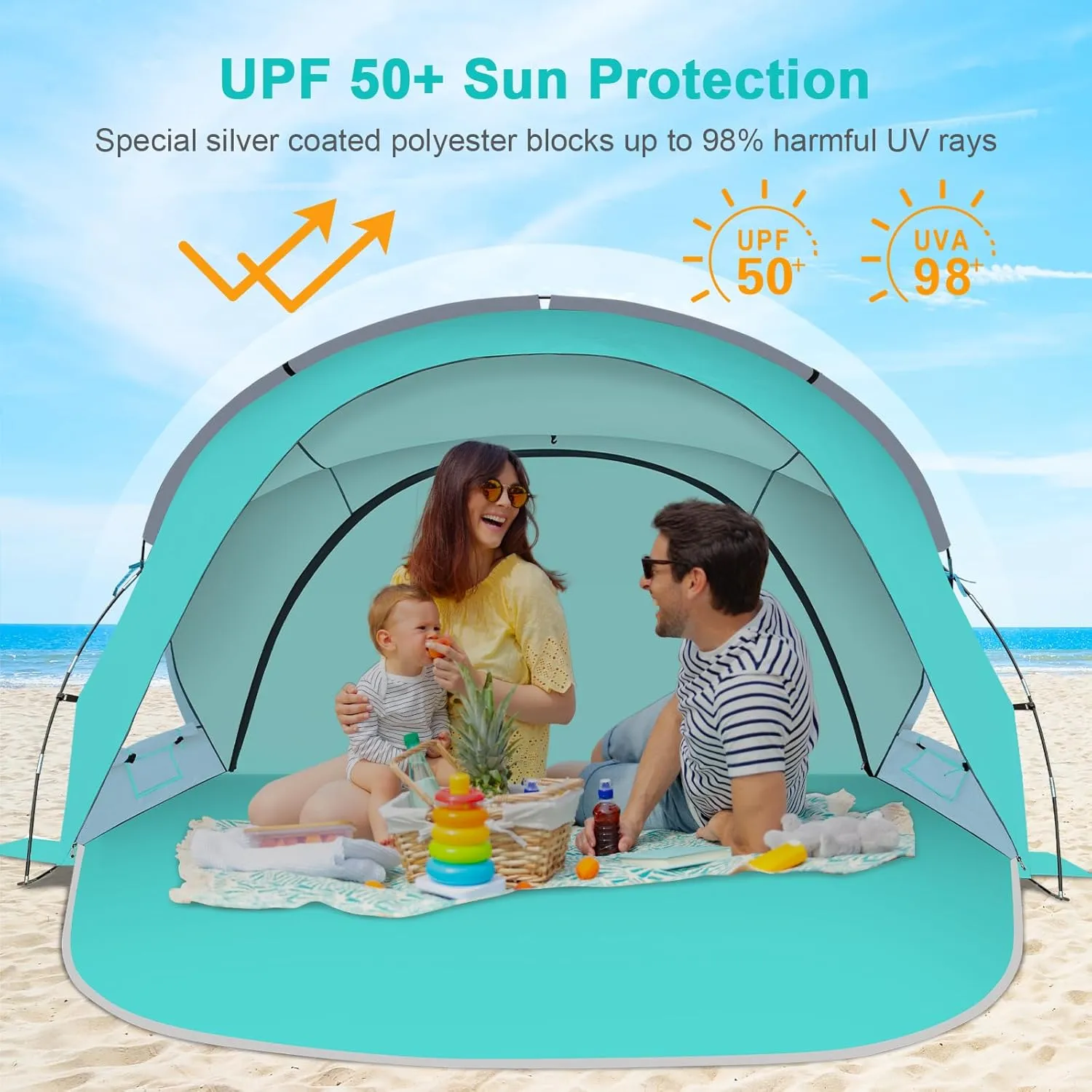 Gorich Beach Tent Sun Shelter with UPF50  UV Protection for 3-6 Person, Lightweight & Portable Beach Shade Canopy with 2 Zippered Doors, Easy Setup Family Beach Umbrella