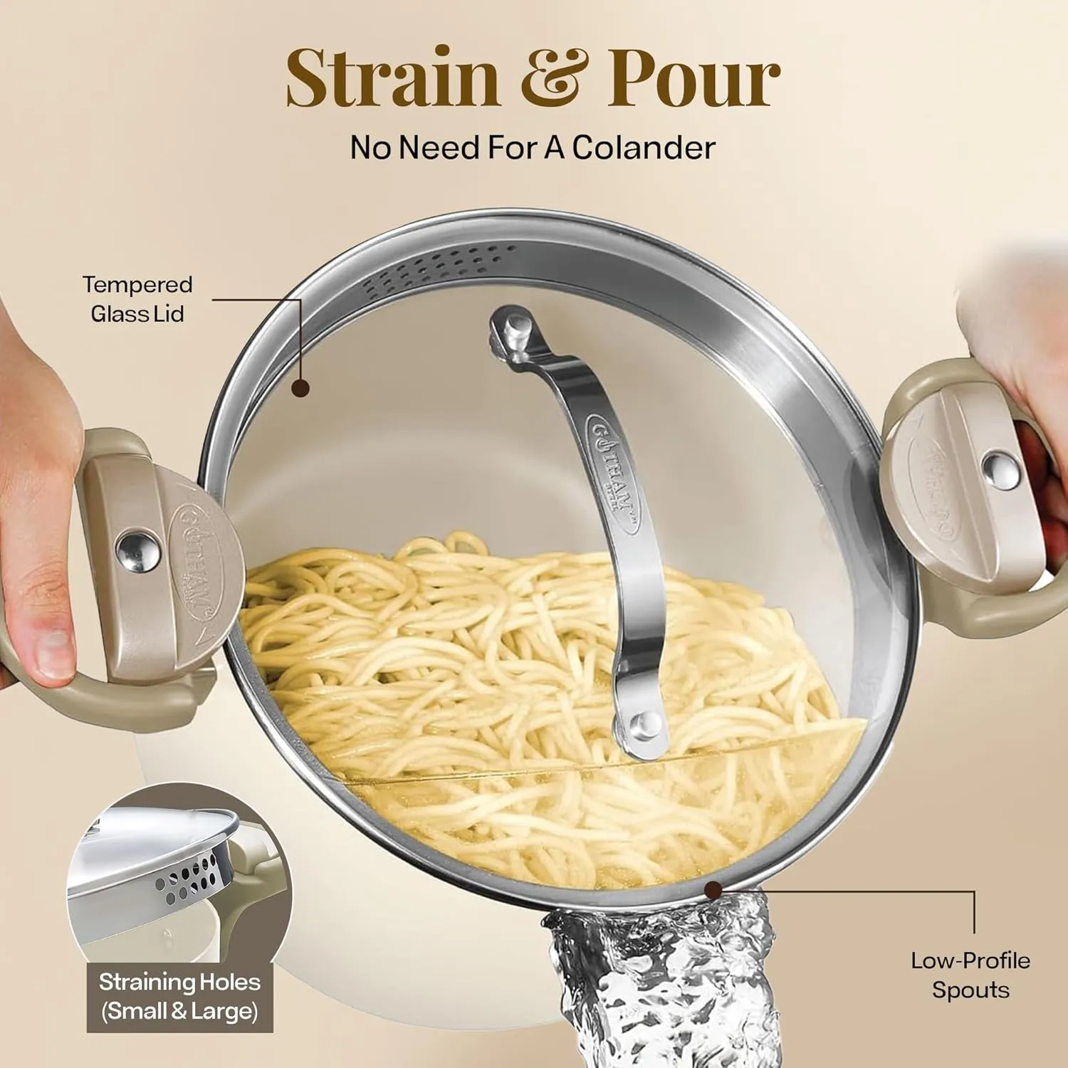Gotham Steel 8 Qt Large Ceramic Stock Pot for Cooking, Multipurpose Pasta Pot with Strainer Lid for Spaghetti, Soup, Rice, Large Cooking Pots with Lids and Twist & Lock Handles, Dishwasher Safe