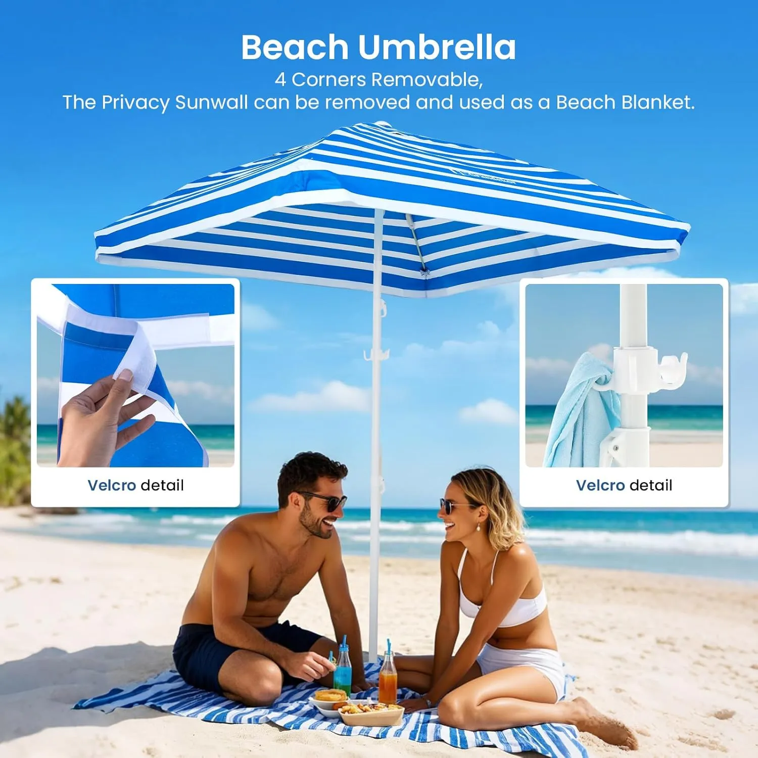 Grandekor UPF 50  6'×6' Beach Cabana with Sand Anchor Sidewall Hanging Hook Portable for Family Beach Trips Outdoor Shade Shelte
