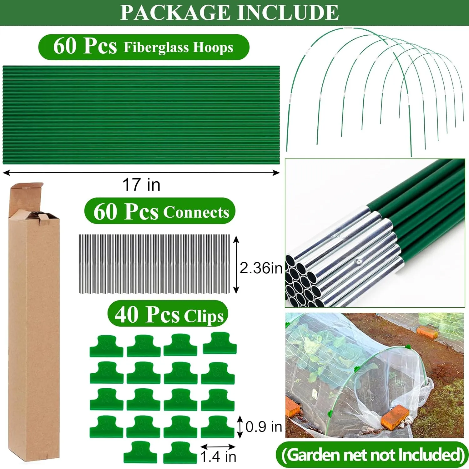 Greenhouse Hoops Grow Tunnel 10 Sets of 8FT Long Rust-Free Fiberglass Support Garden Hoops Kit for Raised Beds Plant Cloth Row Cover Netting,DIY Plant Support Garden Hoop for Netting-60 Pcs