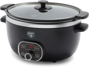 GreenLife 6 Quart Ceramic Slow Cooker, PFAS-Free, Programmable, Removable Healthy Nonstick Pot for large families, Sear on Stovetop, Keep Warm, Digital Timer, Dishwasher Safe Glass Lid & Crock, Black