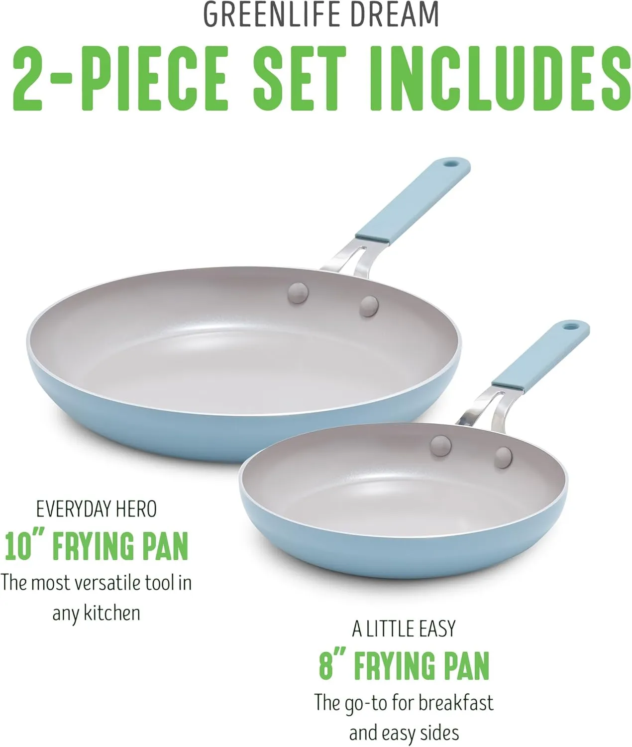 GreenLife 8" & 10" Healthy Ceramic Nonstick Frying Pan Set, PFAS-Free, PFOA-Free, Dishwasher & Oven Safe, Stay-Cool Handles, Durable Body, Versatile Cooking, Easy Clean, Dream, Blue Haze