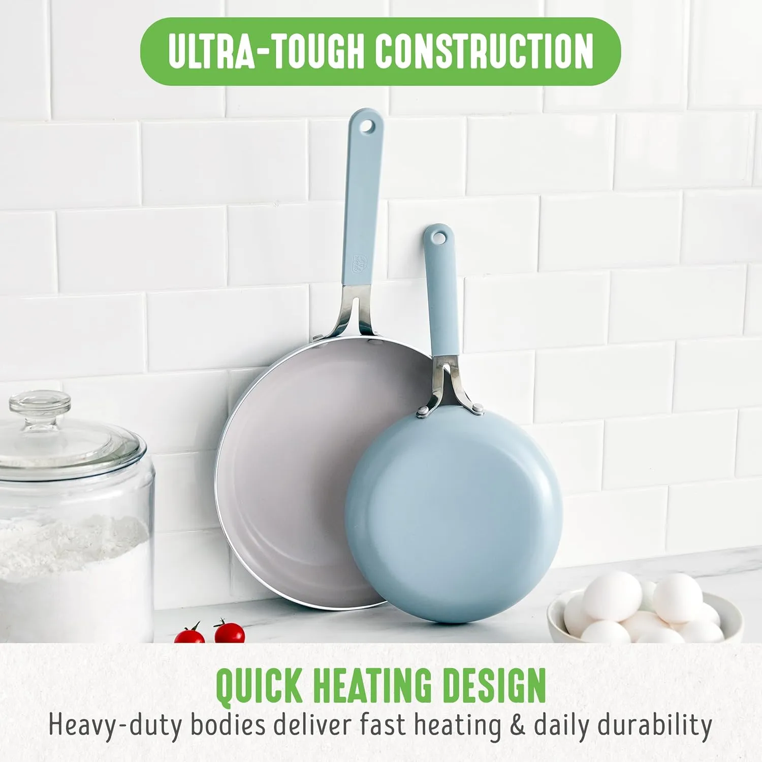 GreenLife 8" & 10" Healthy Ceramic Nonstick Frying Pan Set, PFAS-Free, PFOA-Free, Dishwasher & Oven Safe, Stay-Cool Handles, Durable Body, Versatile Cooking, Easy Clean, Dream, Blue Haze