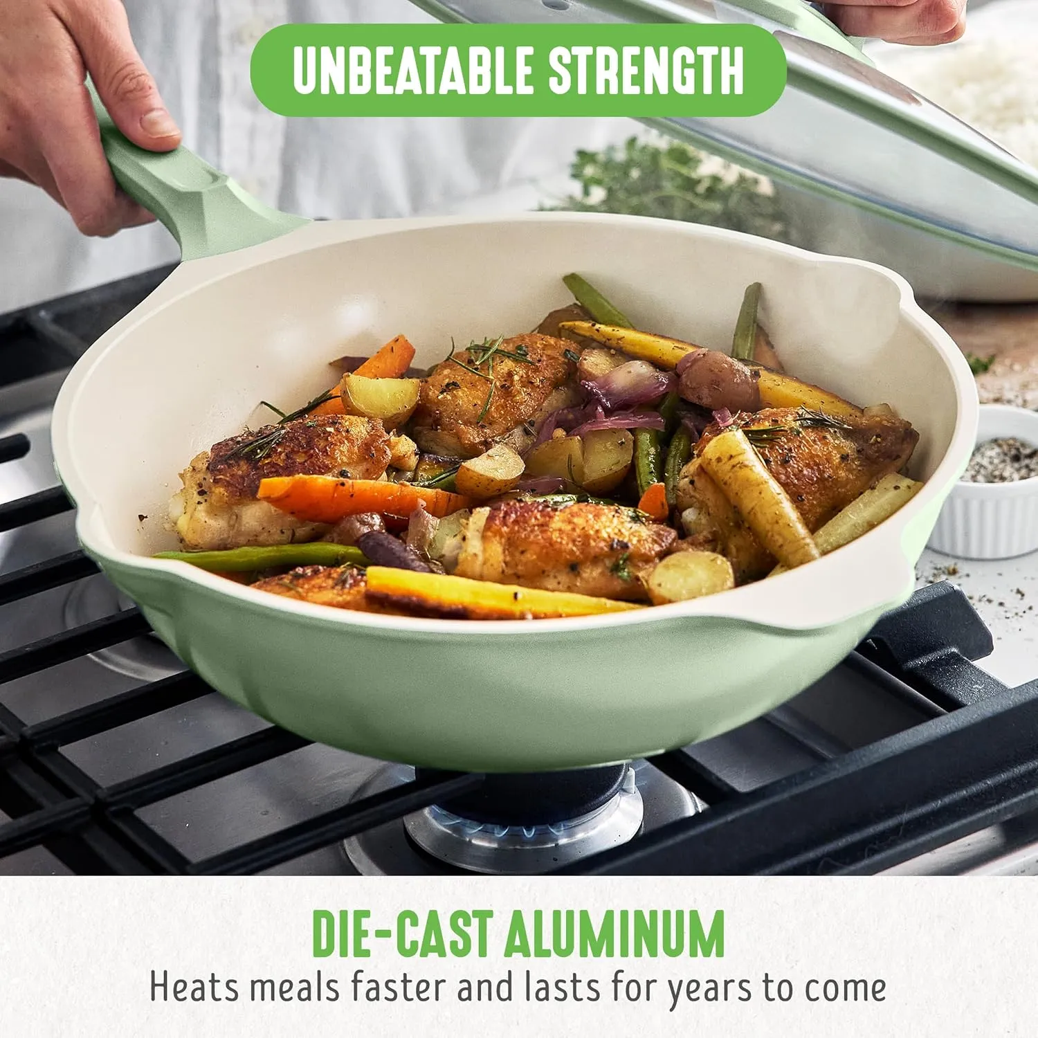 GreenLife Arte 5.1QT 12” Wok, Healthy Ceramic Nonstick, Induction Suitable, Non Toxic PFAS & PFOA-Free, All in One Multi-Purpose Cooking, Fry, Boil, Stay Cool Handles, Dishwasher Safe, Sage Green