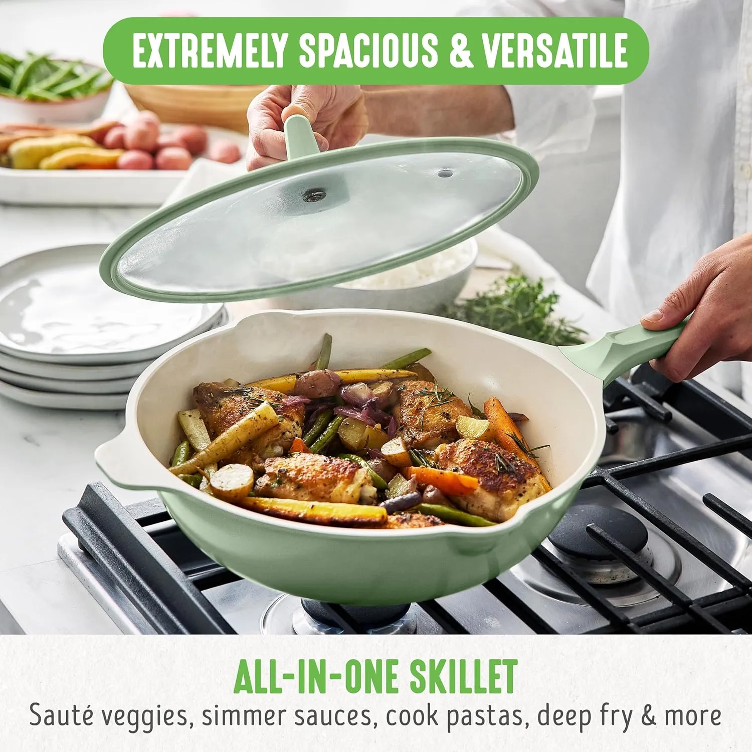 GreenLife Arte 5.1QT 12” Wok, Healthy Ceramic Nonstick, Induction Suitable, Non Toxic PFAS & PFOA-Free, All in One Multi-Purpose Cooking, Fry, Boil, Stay Cool Handles, Dishwasher Safe, Sage Green