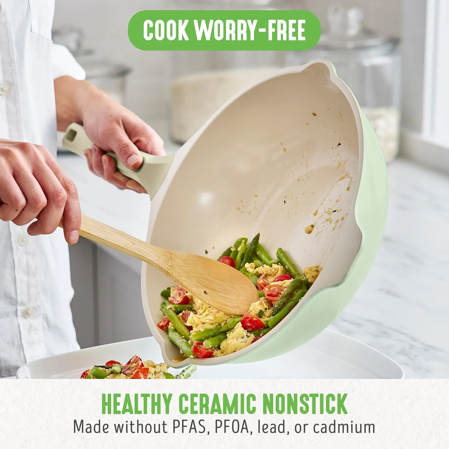 GreenLife Arte 5.1QT 12” Wok, Healthy Ceramic Nonstick, Induction Suitable, Non Toxic PFAS & PFOA-Free, All in One Multi-Purpose Cooking, Fry, Boil, Stay Cool Handles, Dishwasher Safe, Sage Green