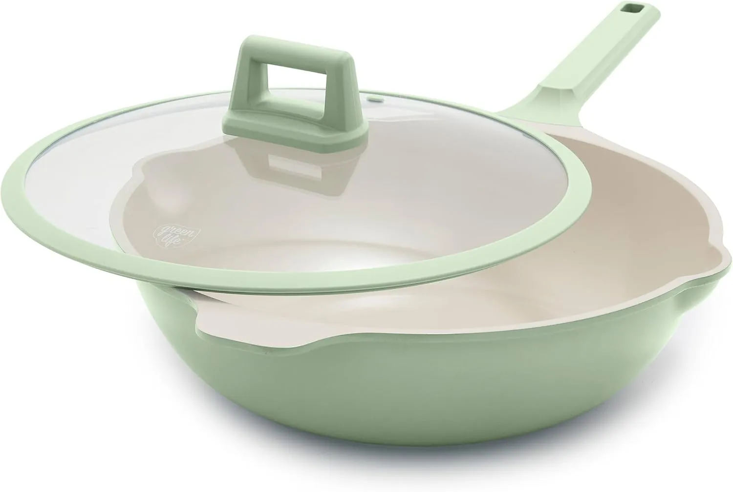 GreenLife Arte 5.1QT 12” Wok, Healthy Ceramic Nonstick, Induction Suitable, Non Toxic PFAS & PFOA-Free, All in One Multi-Purpose Cooking, Fry, Boil, Stay Cool Handles, Dishwasher Safe, Sage Green
