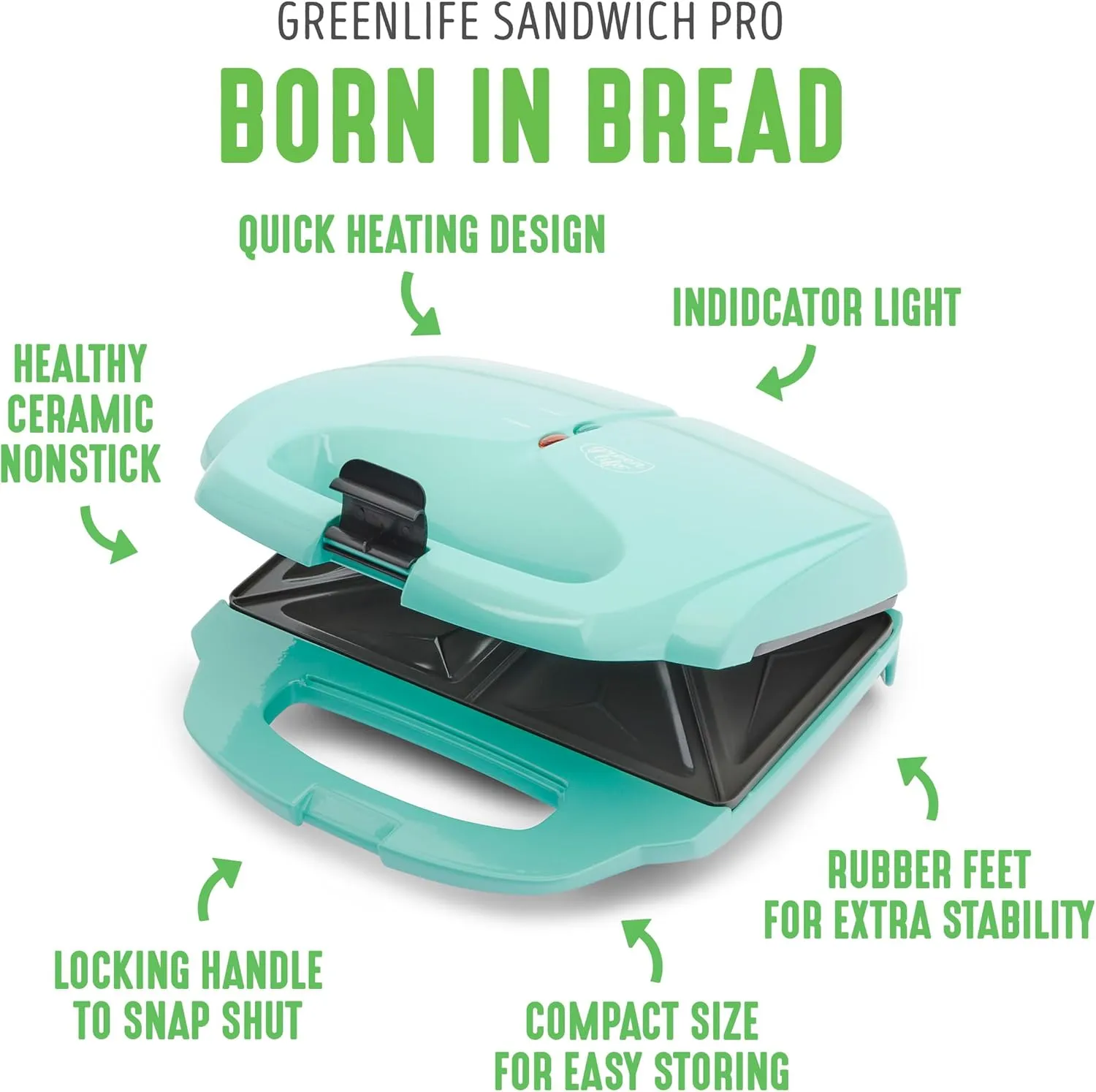 GreenLife Pro Electric Panini Press Grill and Sandwich Maker, Healthy Ceramic Nonstick Plates,Easy Indicator Light, PFAS-Free, Turquoise