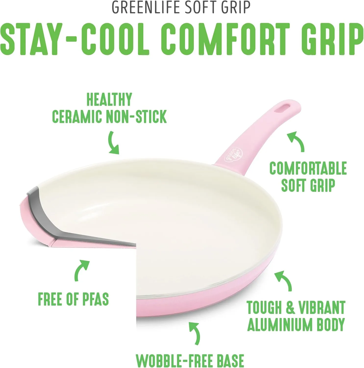 GreenLife Soft Grip Healthy Ceramic Nonstick, 8" Frying Pan Skillet, PFAS-Free, Dishwasher Safe, Soft Pink