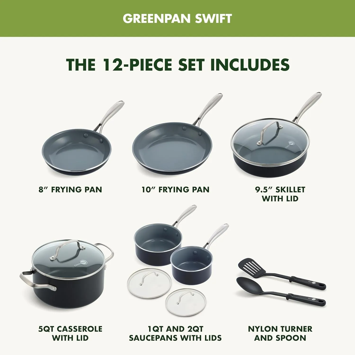 GreenPan Swift 12 Piece Cookware Pot and Pans Set, PFAS & PFOA-Free Healthy Ceramic Nonstick, Stainless Steel Handle, Versatile Cooking Essentials, Dishwasher & Oven Safe, Gray