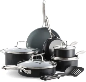 GreenPan Swift 12 Piece Cookware Pot and Pans Set, PFAS & PFOA-Free Healthy Ceramic Nonstick, Stainless Steel Handle, Versatile Cooking Essentials, Dishwasher & Oven Safe, Gray