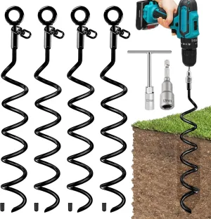 Ground Anchors, 15.5 Inch 4 Pack Ground Anchors Screw in Heavy Duty Swing Set Anchor Kit Trampoline Stakes High Wind Spiral Metal Anchor with Swivel Ring for Shed Tent Mobile Home Dog Tree