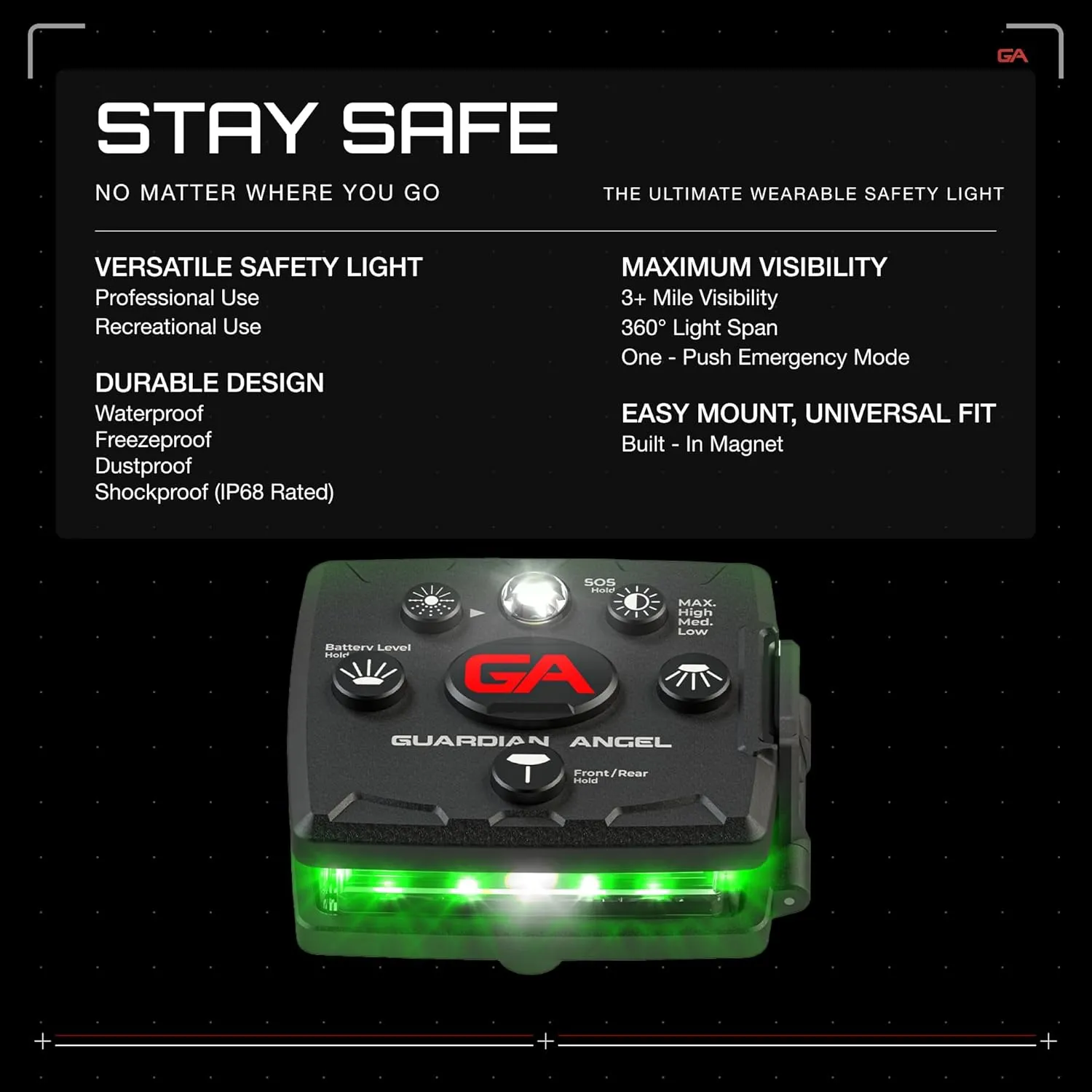 Guardian Angel Micro Series Safety Lights, Beacon Device (Green Front & Green Rear) | Rechargeable, Magnetic & Hands-Free Wearable LED Light for Dog Walking, Cycling, Camping & Kayaking