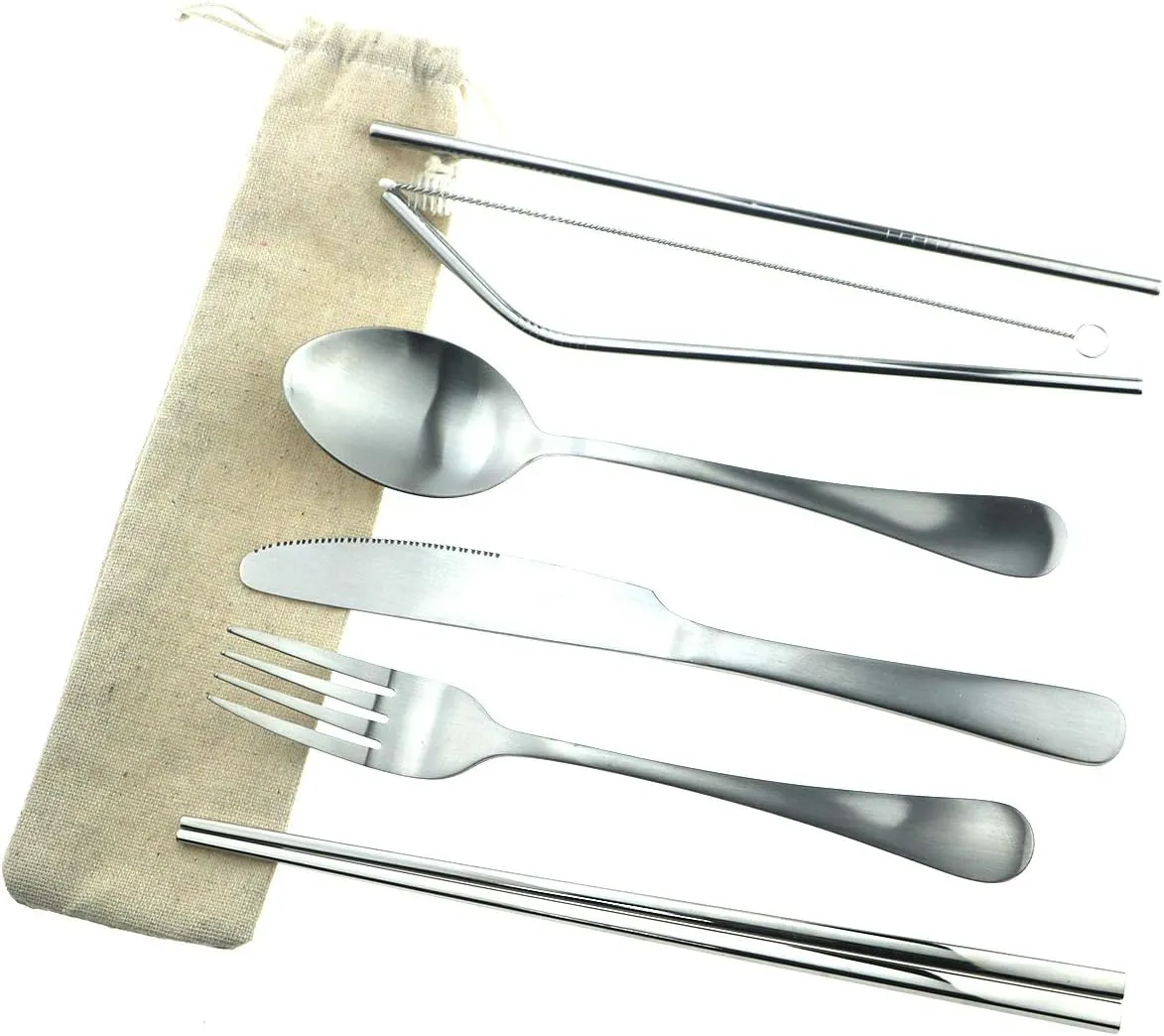 Gugrida 7pcs Reusable Lunch Cutlery Set, Stainless Steel Knife Fork Spoon w/Straws Brush, Travel Camping Flatware Set Utensils, Mirror Chopsticks Metal Drinking Straws for Tumblers Beverage(Silver)