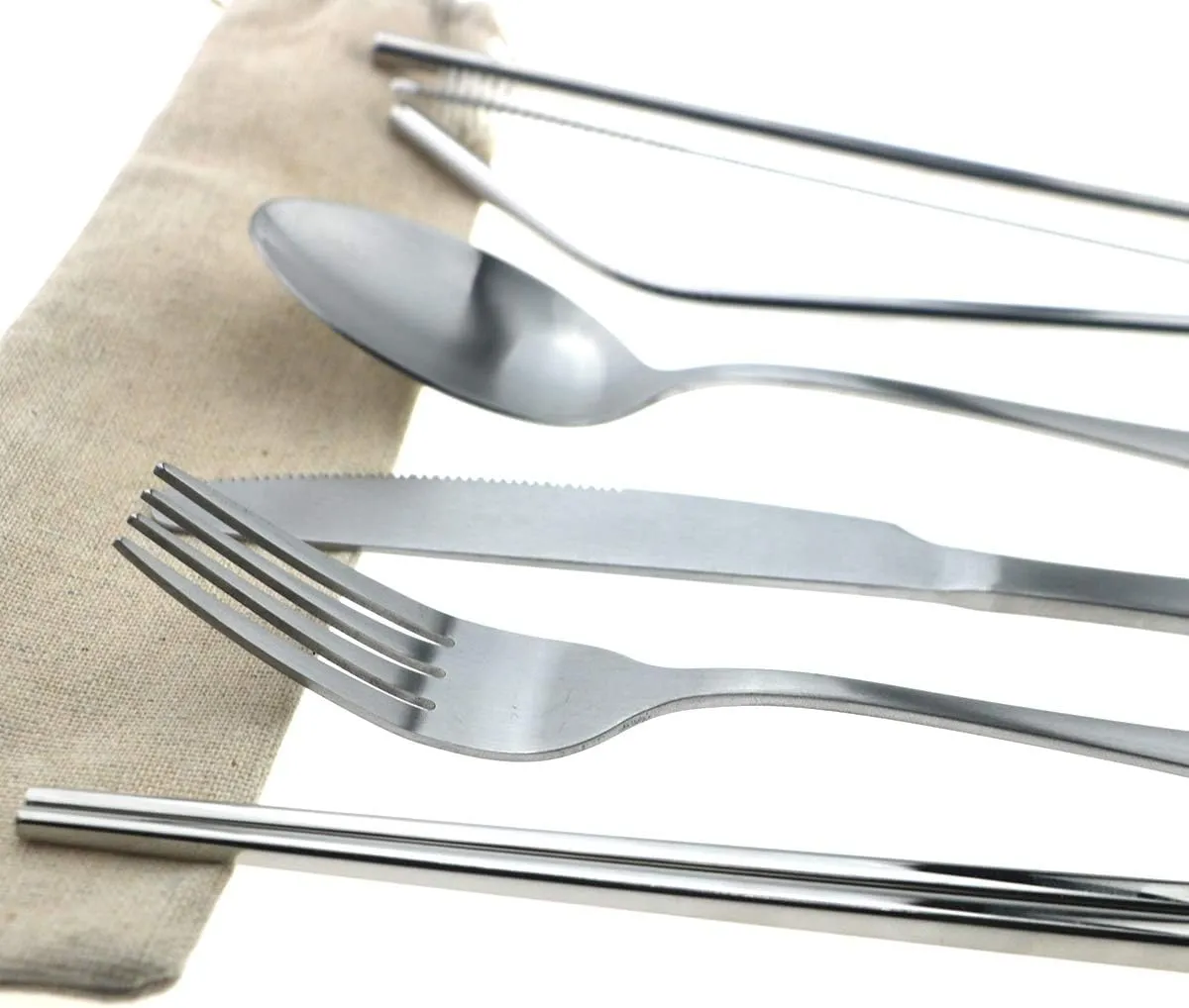 Gugrida 7pcs Reusable Lunch Cutlery Set, Stainless Steel Knife Fork Spoon w/Straws Brush, Travel Camping Flatware Set Utensils, Mirror Chopsticks Metal Drinking Straws for Tumblers Beverage(Silver)