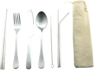 Gugrida 7pcs Reusable Lunch Cutlery Set, Stainless Steel Knife Fork Spoon w/Straws Brush, Travel Camping Flatware Set Utensils, Mirror Chopsticks Metal Drinking Straws for Tumblers Beverage(Silver)