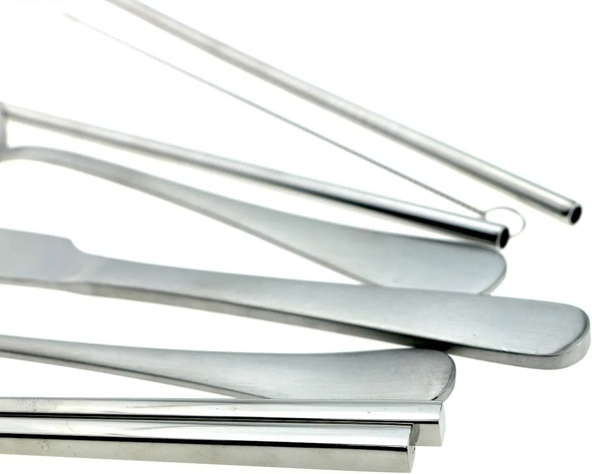 Gugrida 7pcs Reusable Lunch Cutlery Set, Stainless Steel Knife Fork Spoon w/Straws Brush, Travel Camping Flatware Set Utensils, Mirror Chopsticks Metal Drinking Straws for Tumblers Beverage(Silver)