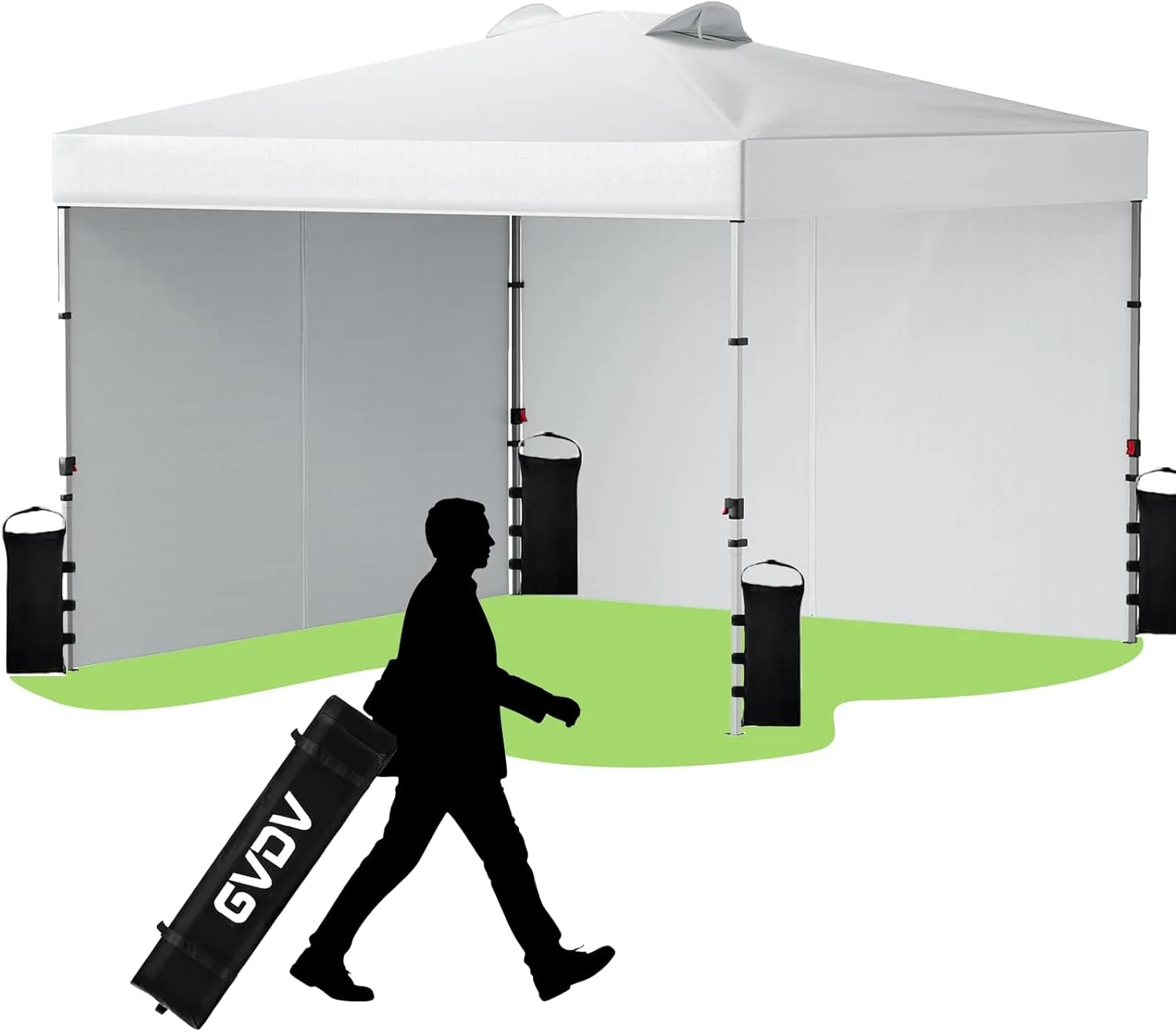 GVDV 10x10FT Pop Up Canopy Tent with 2 Sidewalls, Beach Tent - Easy Up Outdoor Sun Shade for Events, Parties, Camping - Gazebo with 4 Weight Bags & Carry Bag, White