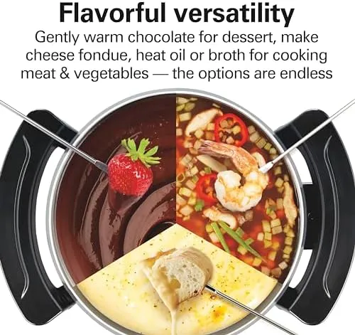 Hamilton Beach 12 Cup Electric Fondue Pot Set with Temperature Control, 6-Color Coded Forks, for Cheese, Chocolate, Hot Oil, Broth, 3 Quart PFAS-Free Nonstick Interior, Gray (86202)