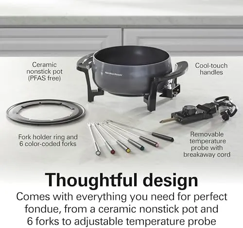 Hamilton Beach 12 Cup Electric Fondue Pot Set with Temperature Control, 6-Color Coded Forks, for Cheese, Chocolate, Hot Oil, Broth, 3 Quart PFAS-Free Nonstick Interior, Gray (86202)