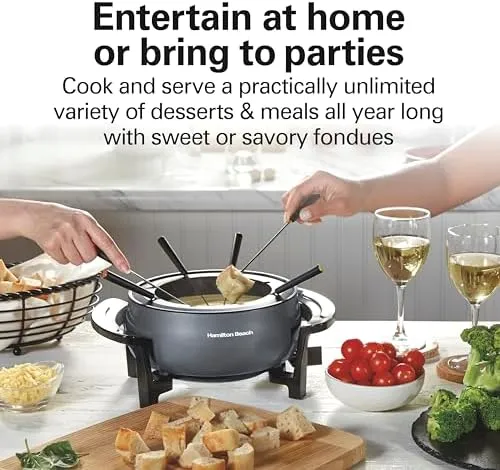 Hamilton Beach 12 Cup Electric Fondue Pot Set with Temperature Control, 6-Color Coded Forks, for Cheese, Chocolate, Hot Oil, Broth, 3 Quart PFAS-Free Nonstick Interior, Gray (86202)