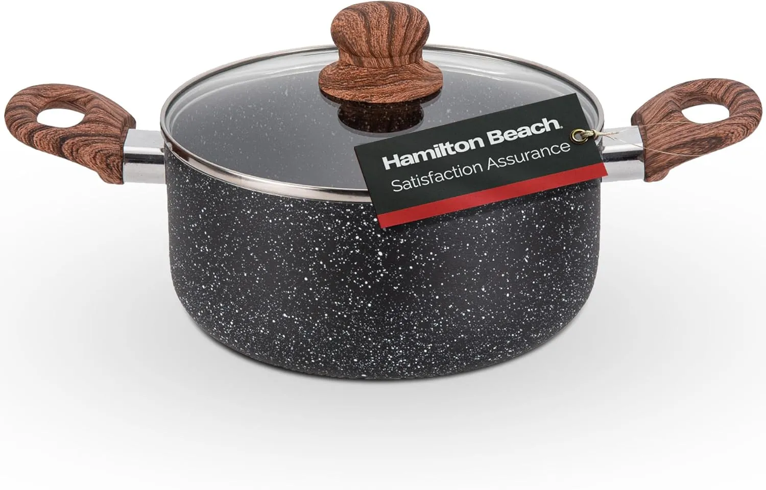 Hamilton Beach 5 Quart Nonstick Marble Coating Even Heating Round Dutch Oven Pot with Glass Lid and Wooden Like Soft Touch Handle, Dutch Oven Pot, Braising, Roasting