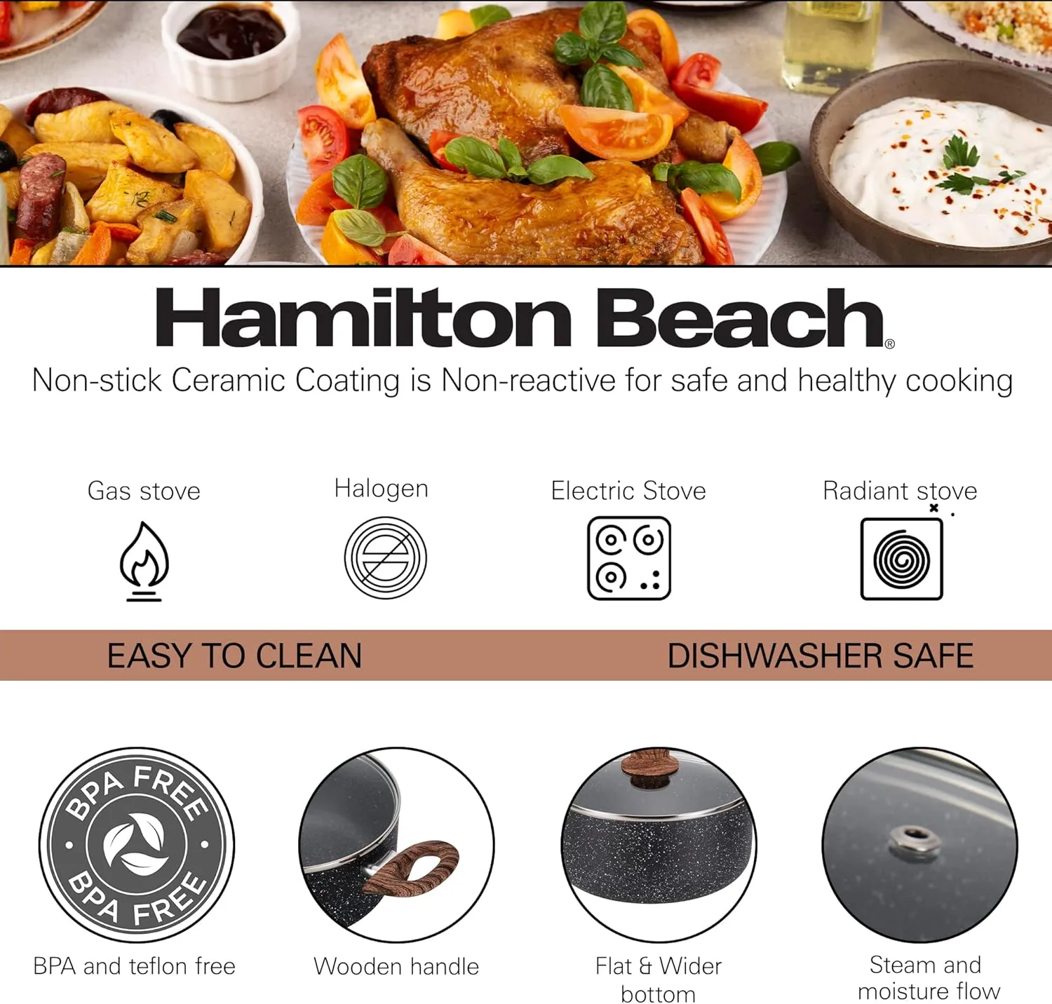 Hamilton Beach 5 Quart Nonstick Marble Coating Even Heating Round Dutch Oven Pot with Glass Lid and Wooden Like Soft Touch Handle, Dutch Oven Pot, Braising, Roasting