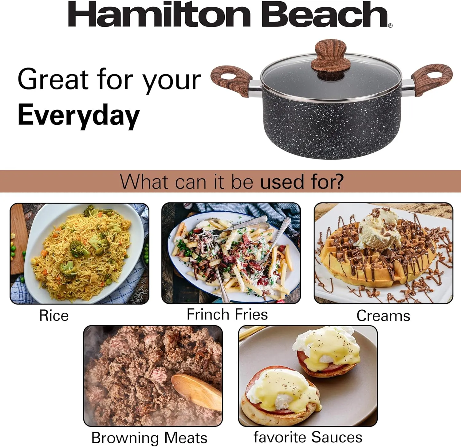 Hamilton Beach 5 Quart Nonstick Marble Coating Even Heating Round Dutch Oven Pot with Glass Lid and Wooden Like Soft Touch Handle, Dutch Oven Pot, Braising, Roasting