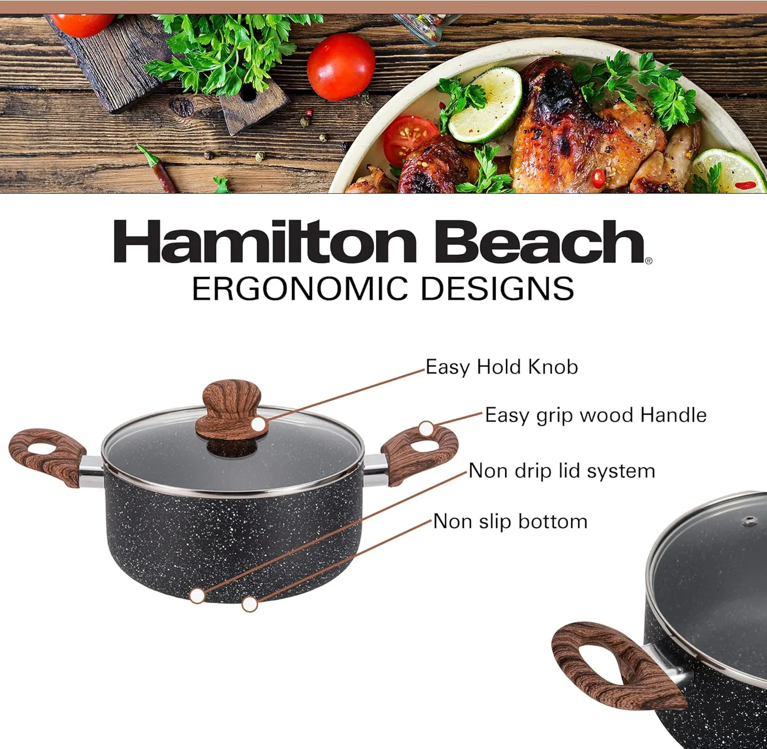 Hamilton Beach 5 Quart Nonstick Marble Coating Even Heating Round Dutch Oven Pot with Glass Lid and Wooden Like Soft Touch Handle, Dutch Oven Pot, Braising, Roasting
