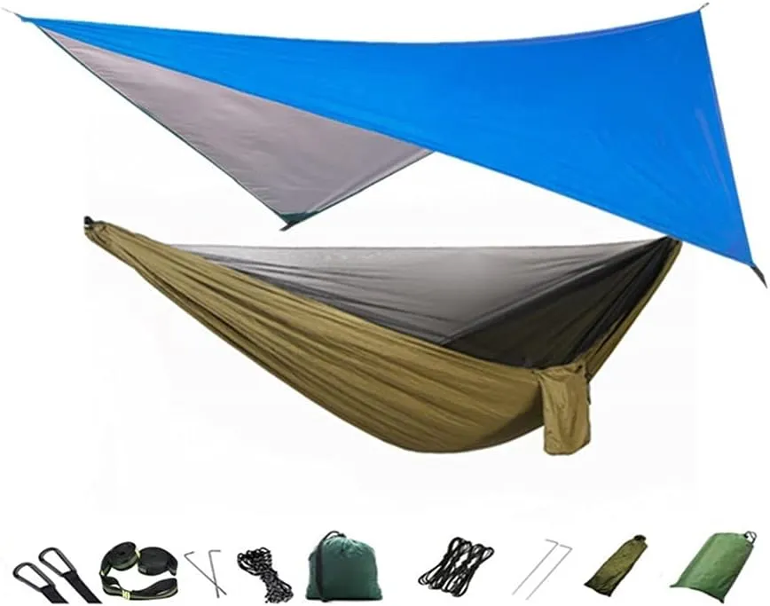 Hammock Camping Hammock with Mosquito Net and Rain Fly Tarp,Portable Parachute Tree Hammock Nylon Swing Hammocks Sun Shelter Rain Fly Swing