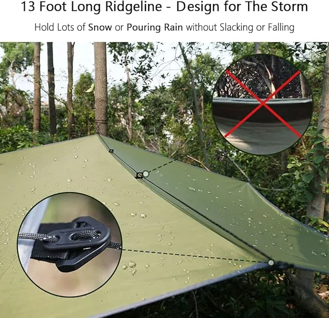 Hammock Rain Fly Tent Tarp Provides Effective Protection Against Rain, Snow. 32ft Long Ridgeline. Big 9.8x9.5ft Durable, Waterproof 210D Oxford. 6 Reflective Guy Lines, 2 Stuff Sacks. Easy Assembly