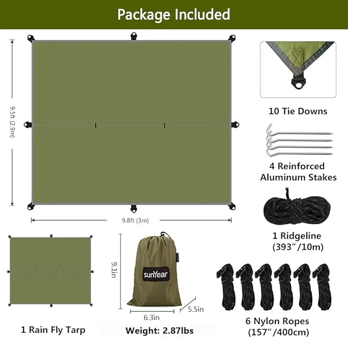 Hammock Rain Fly Tent Tarp Provides Effective Protection Against Rain, Snow. 32ft Long Ridgeline. Big 9.8x9.5ft Durable, Waterproof 210D Oxford. 6 Reflective Guy Lines, 2 Stuff Sacks. Easy Assembly