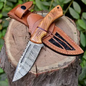 Handmade Damascus Steel Hunting Fixed Blade Knife With Leather Sheath, Olive Wood Handle - 9.75" Length Full Tang Multipurpose Knife K-152