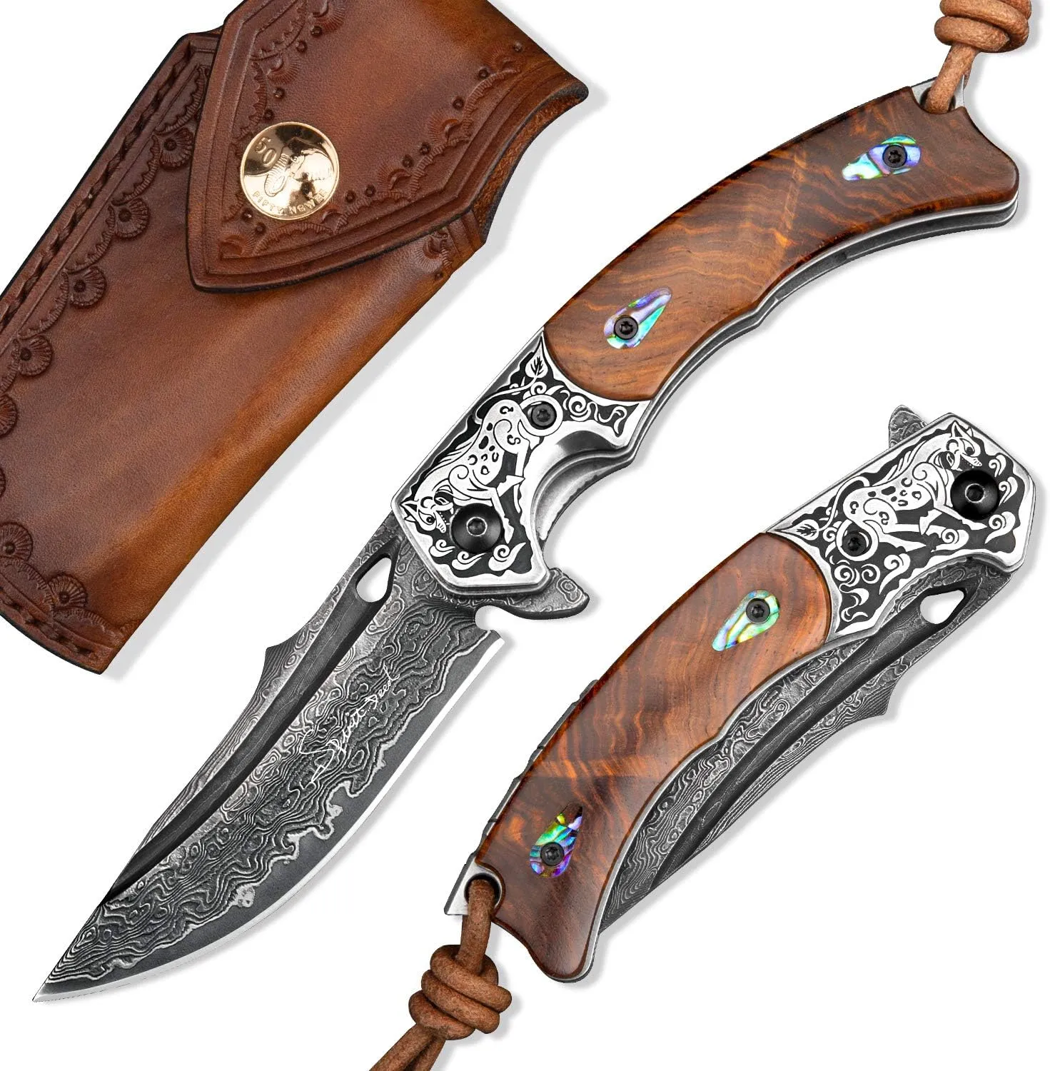 Handmade Japanese VG10 Damascus Steel Folding Knife,Rosewood Liner Lock Handle, Leather Sheath,EDC Pocket Knives for Men Outdoors Camping Fishing