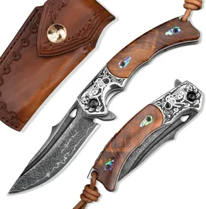 Handmade Japanese VG10 Damascus Steel Folding Knife,Rosewood Liner Lock Handle, Leather Sheath,EDC Pocket Knives for Men Outdoors Camping Fishing