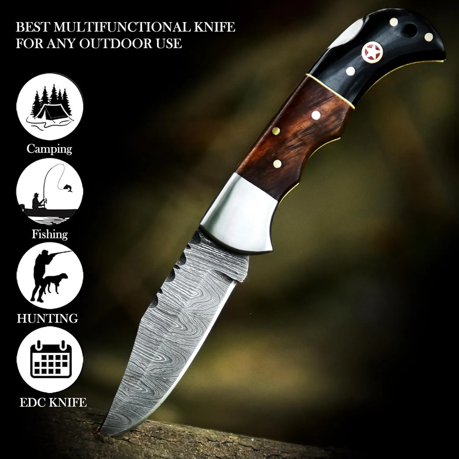 Handmade Pocket Knife for Men - 7" Inches Damascus Steel Folding Knife with Leather Sheath - Ideal for EDC, Camping, Hiking and Outdoor Activities (Rose Wood & Bull Horn)