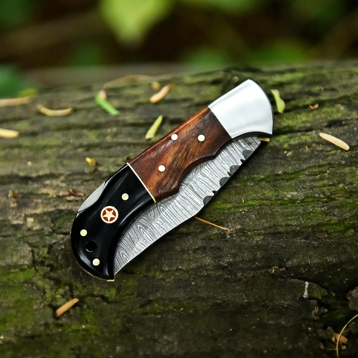 Handmade Pocket Knife for Men - 7" Inches Damascus Steel Folding Knife with Leather Sheath - Ideal for EDC, Camping, Hiking and Outdoor Activities (Rose Wood & Bull Horn)