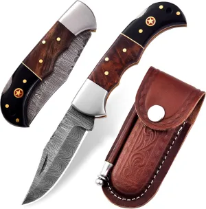 Handmade Pocket Knife for Men - 7" Inches Damascus Steel Folding Knife with Leather Sheath - Ideal for EDC, Camping, Hiking and Outdoor Activities (Rose Wood & Bull Horn)