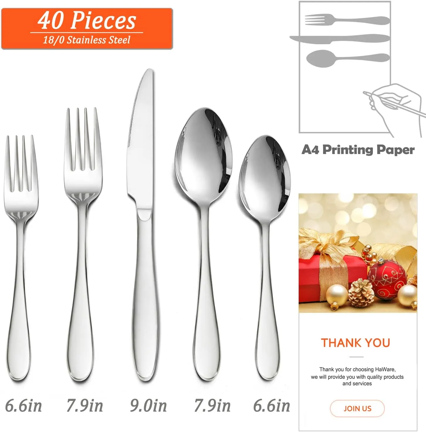 HaWare 40-Piece Silverware Set, Stainless Steel Flatware Service for 8, Modern Tableware Cutlery for Home, Elegant Eating Utensils Include Knives/Spoons/Forks, Mirror Polished, Dishwasher Safe
