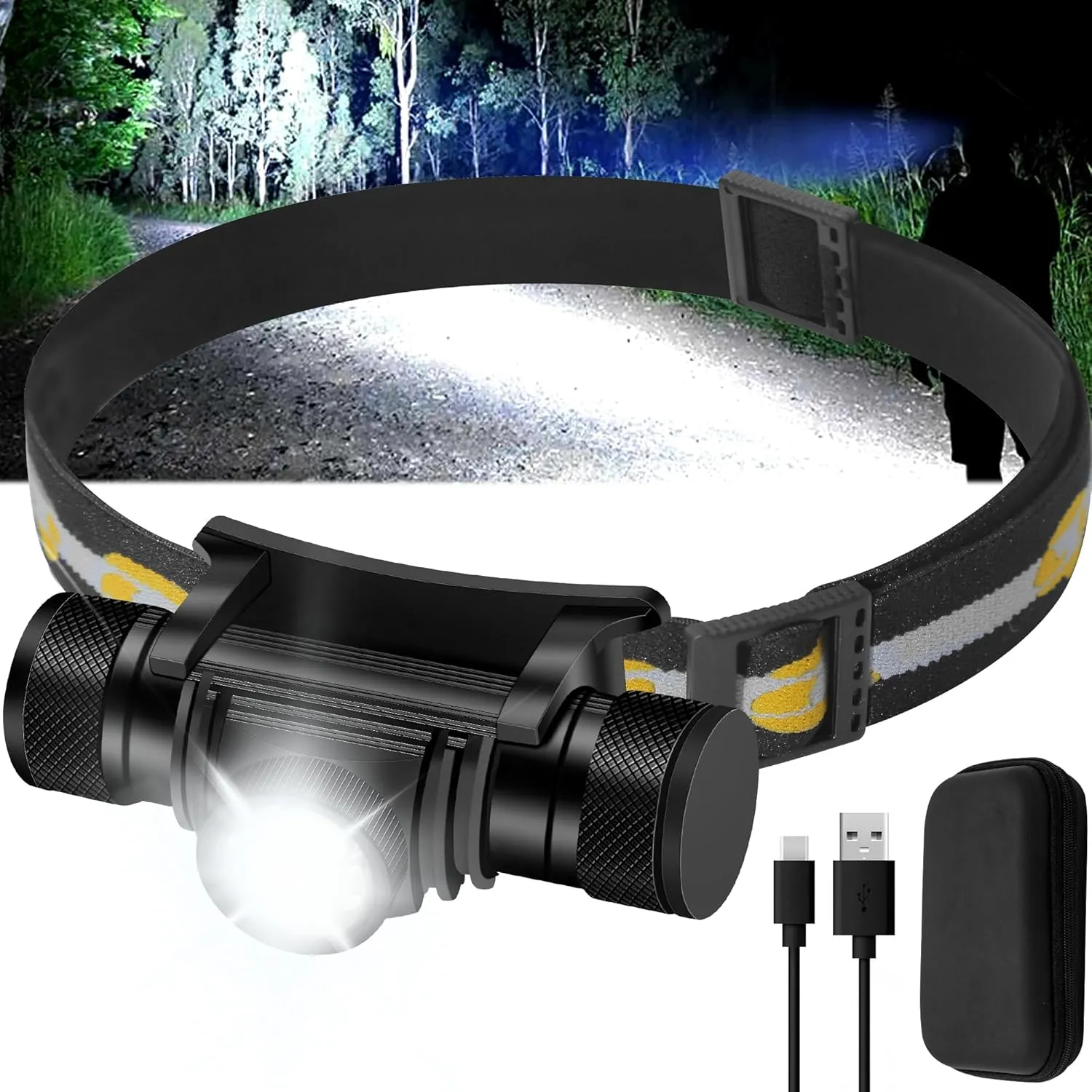 Headlamp Rechargeable, 1200 Lumen Zoomable LED Head Lamp for Adults, IP66 Waterproof Rechargeable Headlight with 9 Modes, Super Bright Head Flashlight with 2600 mAh for Outdoor Camping Hiking Running
