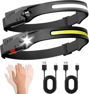 Headlamp Rechargeable 2Packs, 230° Wide Beam Head Lamp LED Rechargeable with Motion Sensor, Waterproof 5 Modes Head Lights for Hiking Running Repairing Fishing Cycling Camping Gear