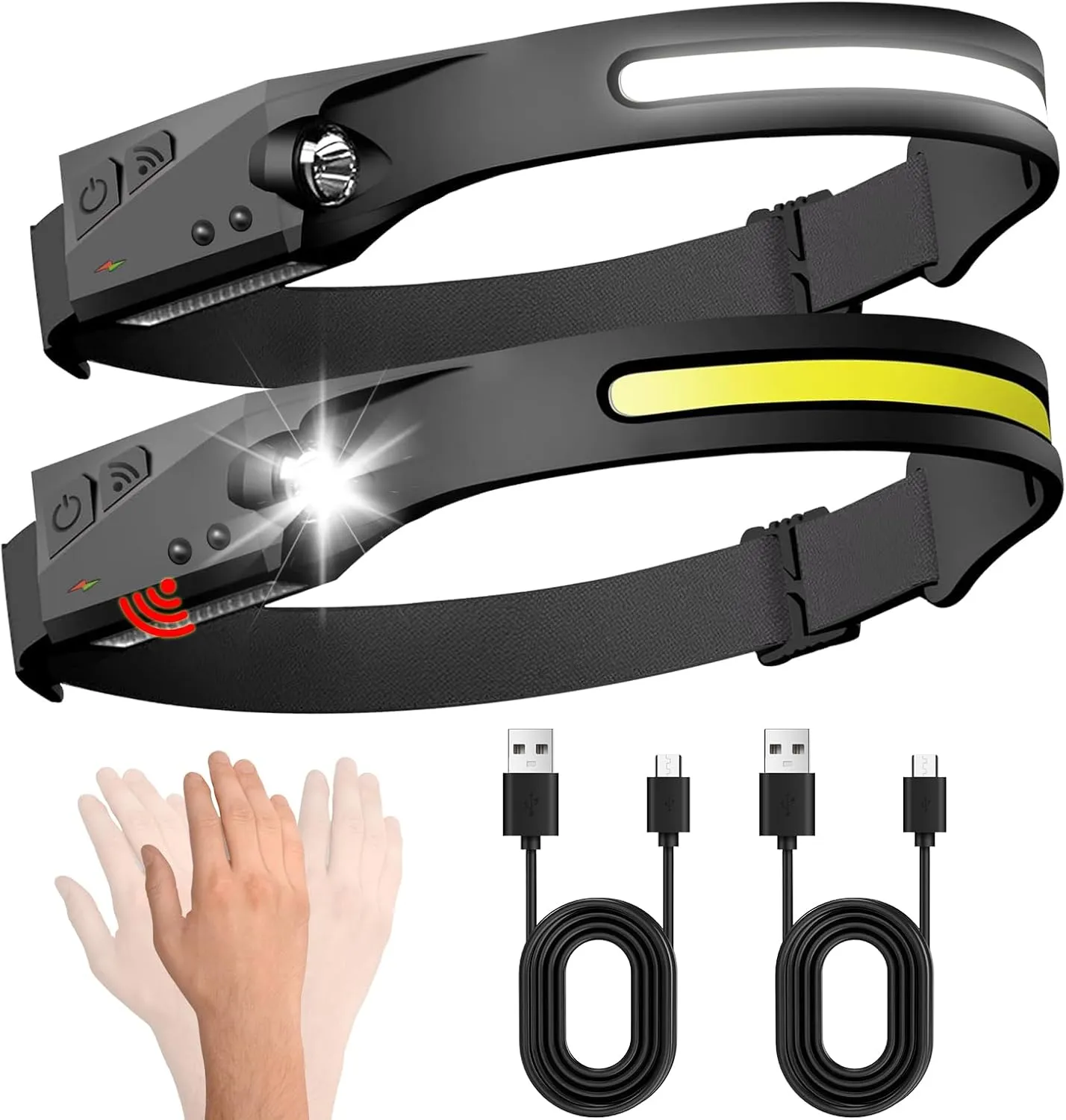 Headlamp Rechargeable 2Packs, 230° Wide Beam Head Lamp LED Rechargeable with Motion Sensor, Waterproof 5 Modes Head Lights for Hiking Running Repairing Fishing Cycling Camping Gear