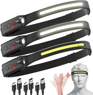 Headlamp Rechargeable 3-pcs, 230° Wide Beam,LED Head lamp with Motion Sensor, 5 Modes IPX4 Waterproof Headlamps for Adults, Head Lights for Forehead Camping Running Fishing and Outdoor Activities