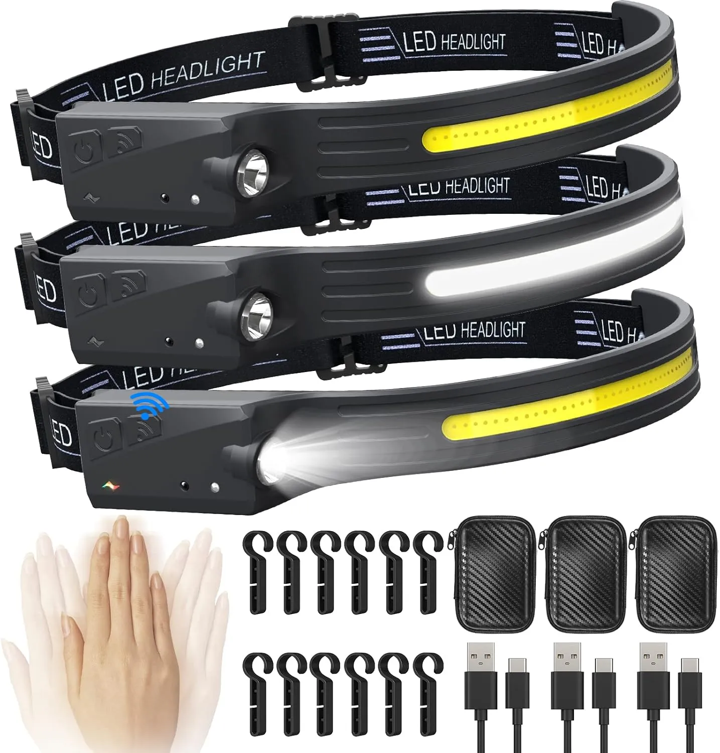 Headlamp Rechargeable 3PCS, 5 Modes LED COB Head lamp with Motion Sensor for Adults,IPX 4 230° Wide Beam Headlamps Flashlight for Camping, Hiking, Fishing, Running