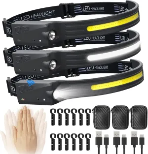 Headlamp Rechargeable 3PCS, 5 Modes LED COB Head lamp with Motion Sensor for Adults,IPX 4 230° Wide Beam Headlamps Flashlight for Camping, Hiking, Fishing, Running