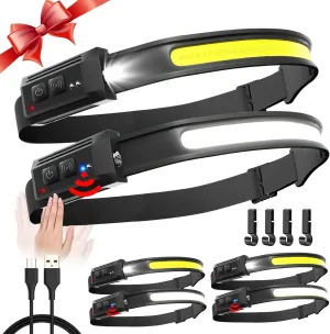 Headlamp Rechargeable 6 Pack, 230° Wide Beam LED Headlamp with 2 Spotlights, Motion Sensor, 5Mode LED Headlamp, Head Lights for Forehead, Headlamps for Adults Running Hard Hat