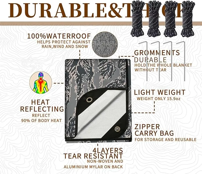 Heavy Duty Survival Blanket -Multifunctional Reflective Tarp Thermal Blanket - 60" x 83" Waterproof Sandproof for Camping Hiking Outdoors Multifunctional Emergency Blanket