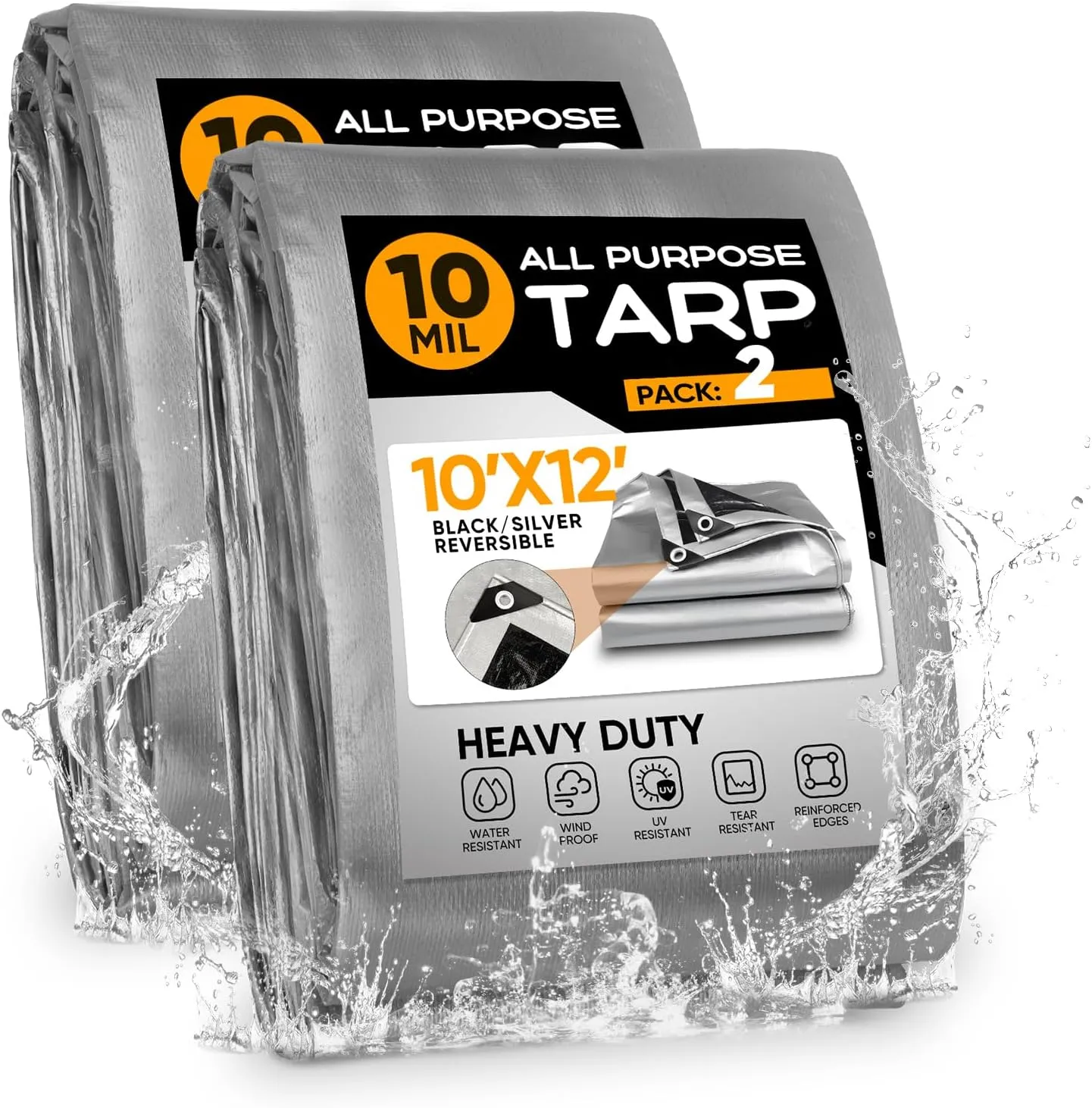 Heavy Duty Tarp 10x12FT 2 Pack,10Mil Thick Black/Silver Waterproof Tarp with Grommets and Reinforced Edges, All Purpose Finished Size Poly Tarps Cover for Firewood Roof Pool Boat